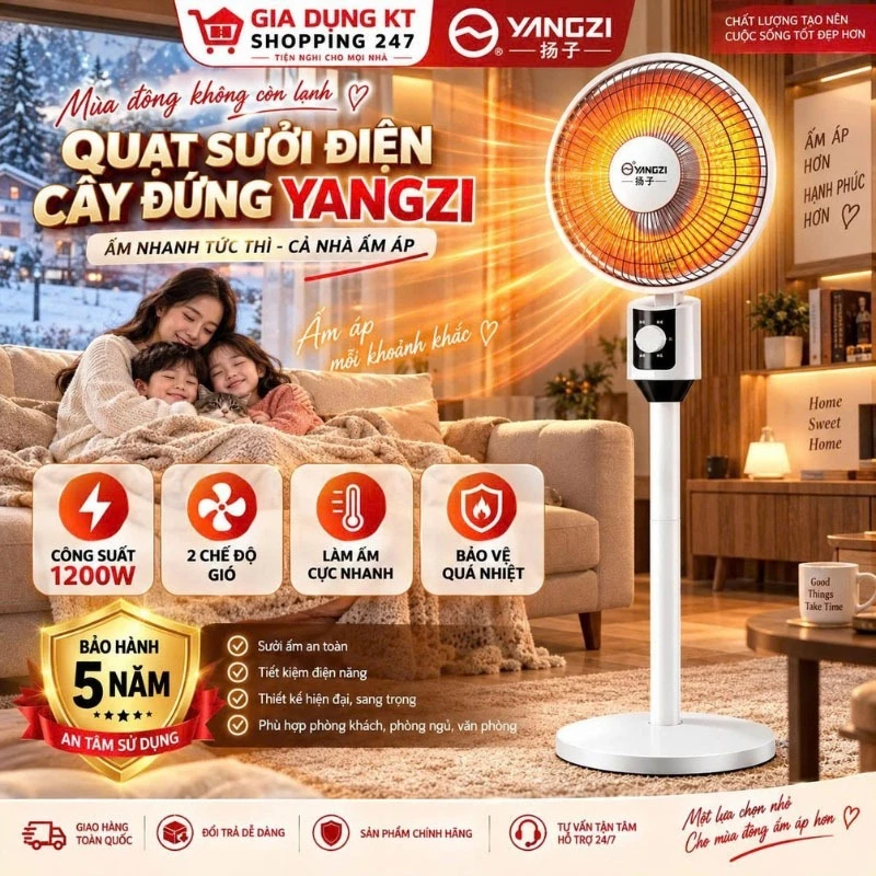 Quạt Sưởi Cây Đứng Chính Hãng YANGZI Công Suất Lớn 1200W, Làm Ấm Cực Nhanh, Kết Cấu Chắc Chắn, Hoạt Động Mạnh Mẽ, Bền Bỉ