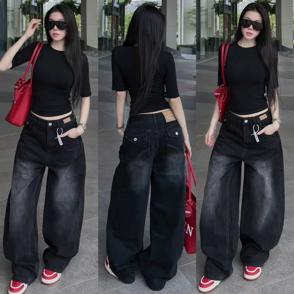 Quần Jeans Ống Rộng Nữ Cạp Cao Dáng Baggy Cá Tính – Quần Jean Đen Wash Phong Cách