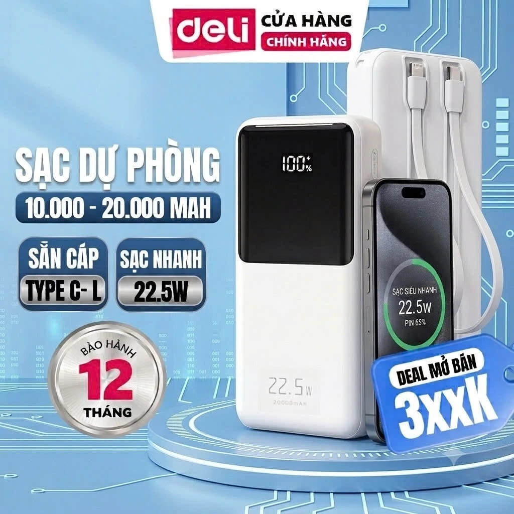 Pin Sạc Dự Phòng Deli 10000mAh 20000mAh Powerbank 22.3W TypeC USB Sạc nhanh Powerbank cho iphone samsung vivo oppo