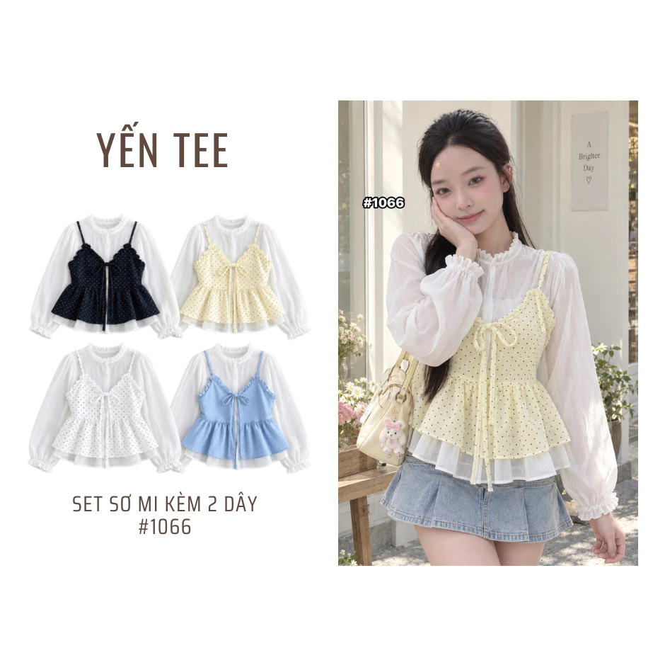 Set sơ mi nữ tay bồng kèm áo 2 dây chấm bi viền bèo babydoll dễ thương, đi học đi chơi Yến Tee #1066