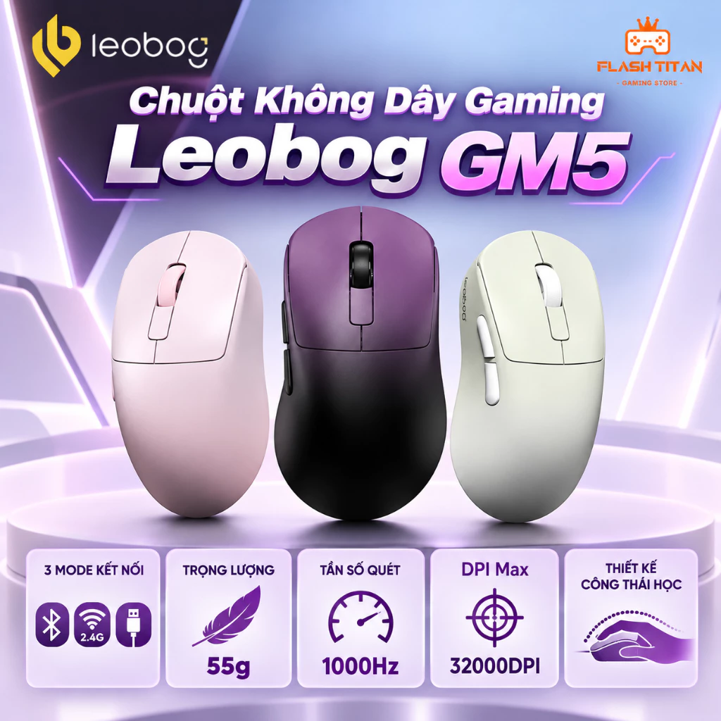 Chuột Không Dây Gaming Leobog GM5 - GM5 SE - GM5 PRO, Có 3 chế độ kết nối, Chuột gaming giá rẻ dùng cho PC, laptop