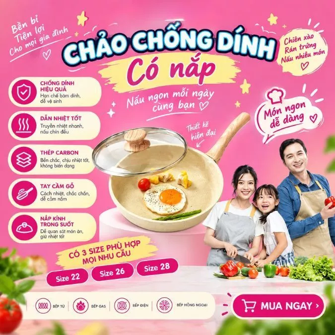 Chảo Chiên Chống Dính Có Nắp Kính Size 22cm 26cm 28cm Dùng Rán Thịt Xào Rau