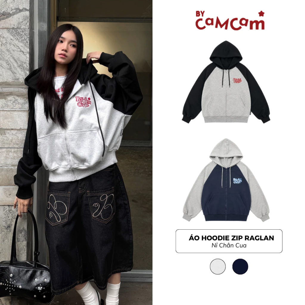 Áo Hoodie Zip Form Boxy Tay Raglan 𝑩𝒚𝒄𝒂𝒎𝒄𝒂𝒎 Áo Khoác Nỉ Chân Cua Mũ Lớn Đắp Vải Basic Unisex AHOD745