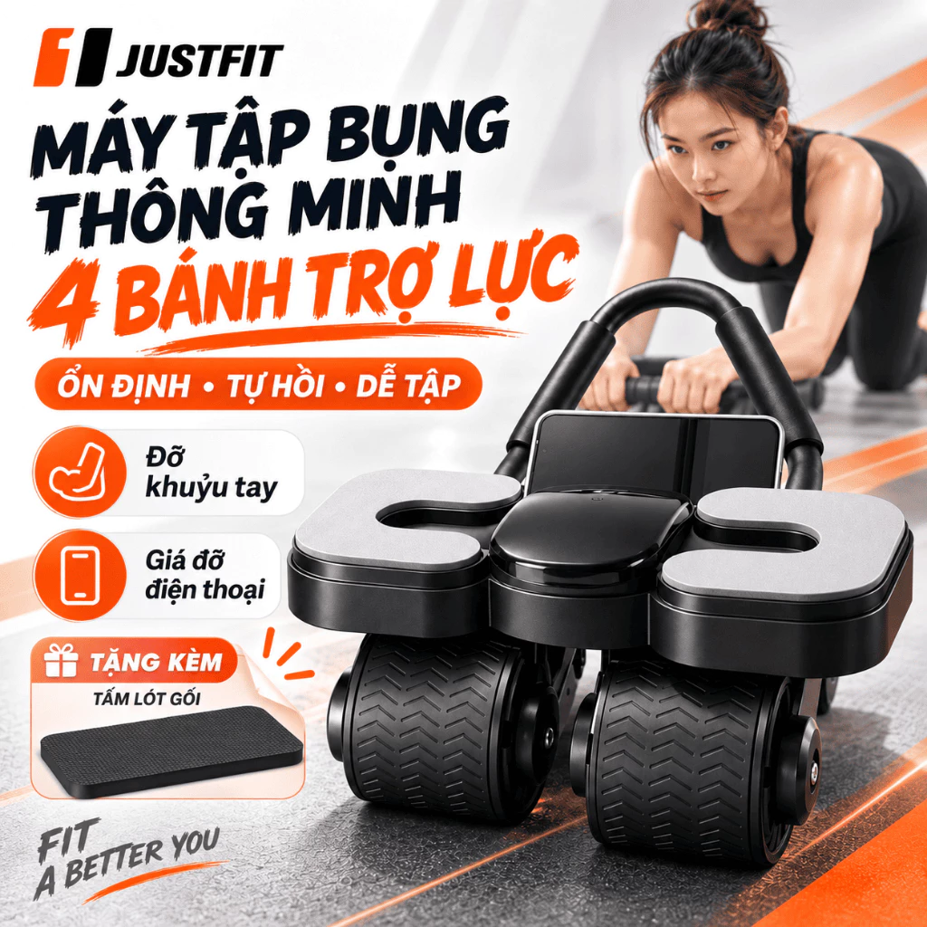 Máy Tập Bụng Thông Minh JUSTFIT Màn Hình LCD 4 Bánh, Lăn Êm Ổn Định, Giá Đỡ Điện Thoại