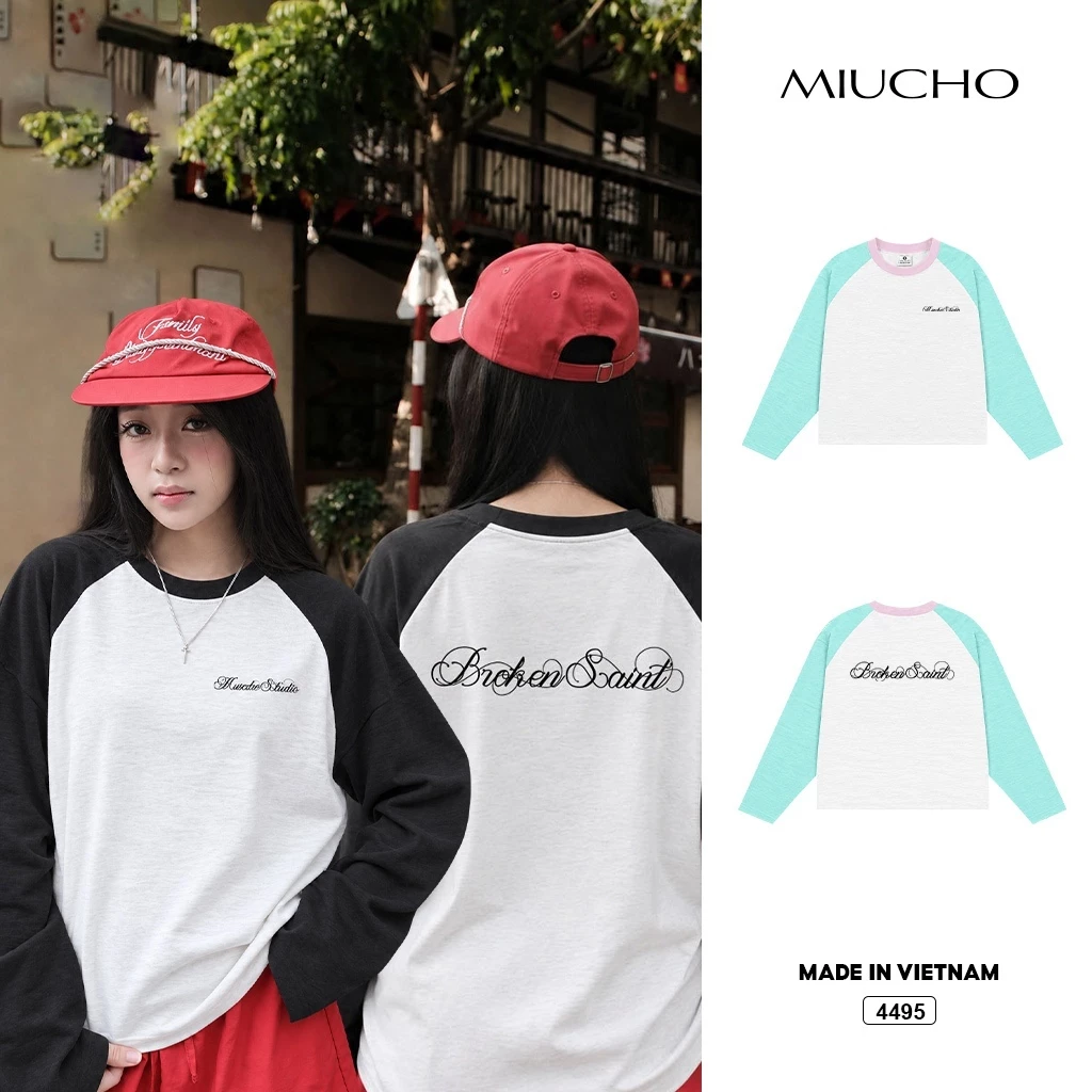 Áo thun tay dày boxy Miucho BST raglan cá tính cotton xược mềm mịn