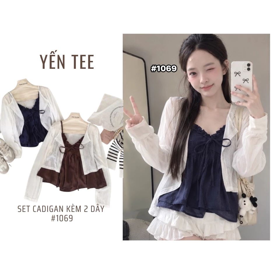 Set áo nữ cardigan mỏng tay dài, kèm áo 2 dây gió mềm thắt nơ nhẹ nhàng, dáng xòe đi học đi chơi Yến Tee #1069
