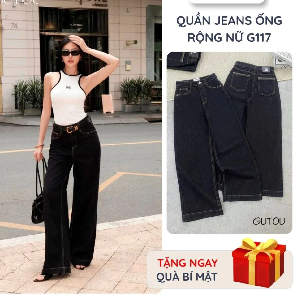 [ GUTOU ] Quần Ống Rộng Nữ Màu Xanh Đen Cá Tính Chất Jean Cotton Mềm Chiều dài 105cm G117