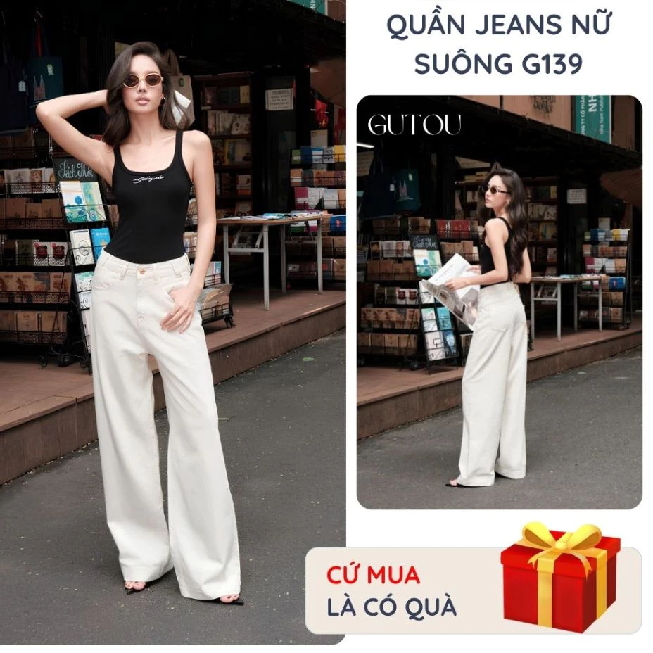 [ GUTOU ] Quần Jean Suông Begie Simple G139, Quần Jean Ống Rộng Nữ Cạp Cao Dễ Phối Đồ Hot Trend