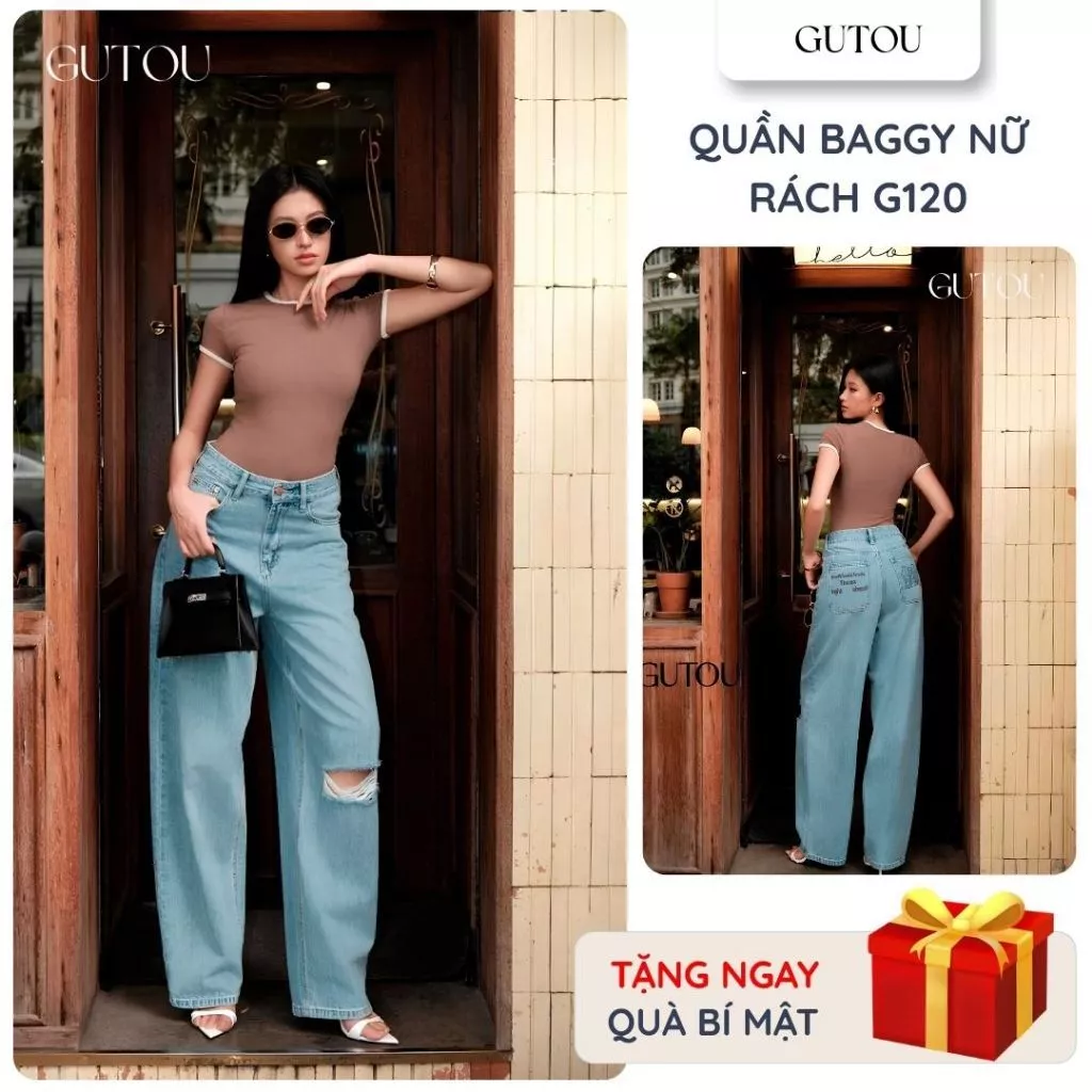 [ GUTOU ] Quần Jean Baggy Rách Gối Hekehego G120, Quần Jean Nữ Ống Rộng Hack Dáng, Denim Mềm Mịn