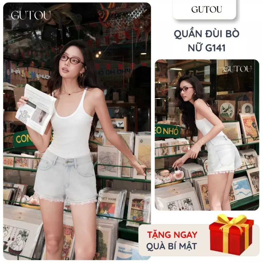 [ GUTOU ] Quần Short Jean Basic Viền Ren Hoa G141, Quần Short Nữ Basic Dáng Đẹp, Tôn Chân Cá Tính