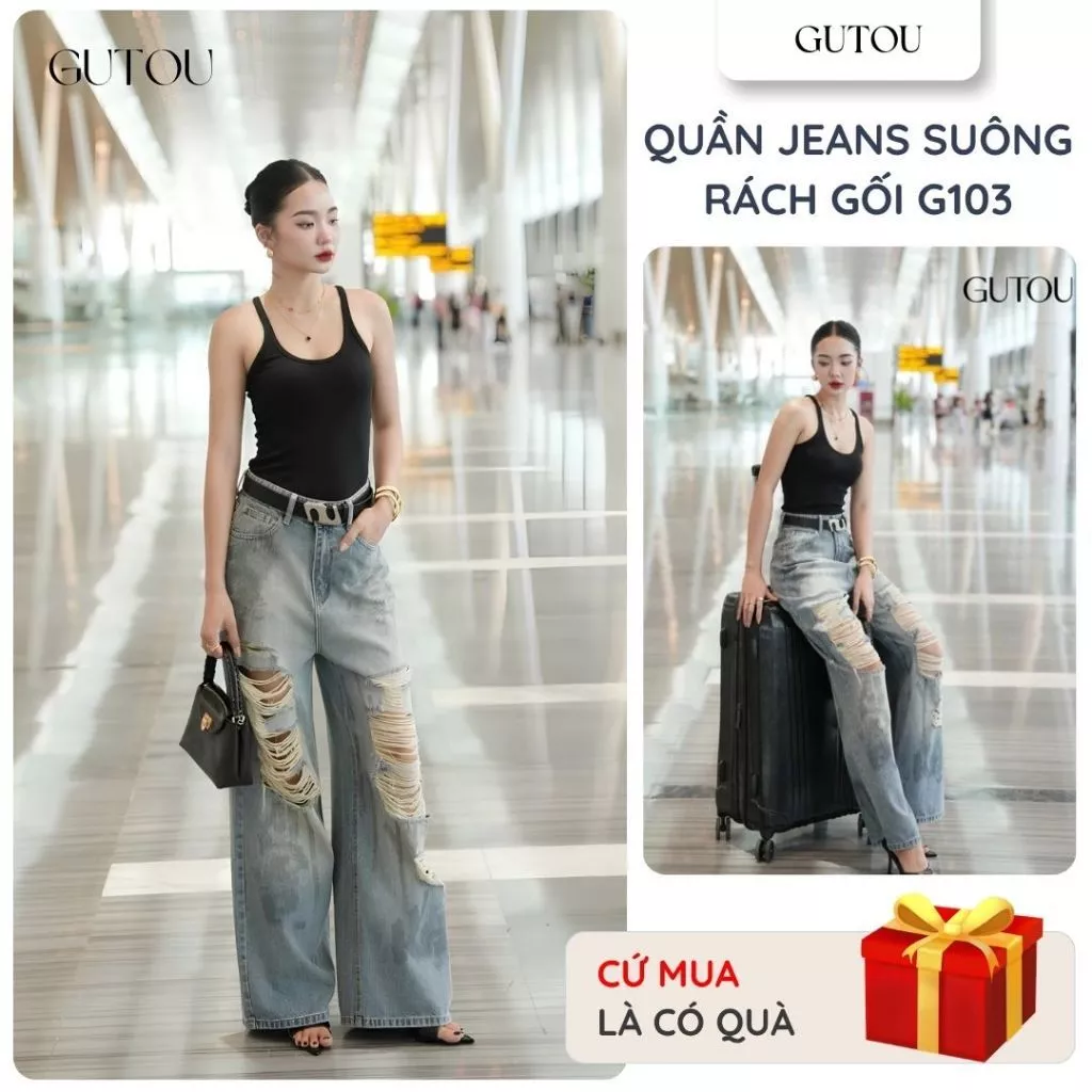 [ GUTOU ] Quần Jean Suông Rách Gối Rock Chic G103, Quần Jean Nữ Ống Rộng Cá Tính Chất Denim Mềm Mịn