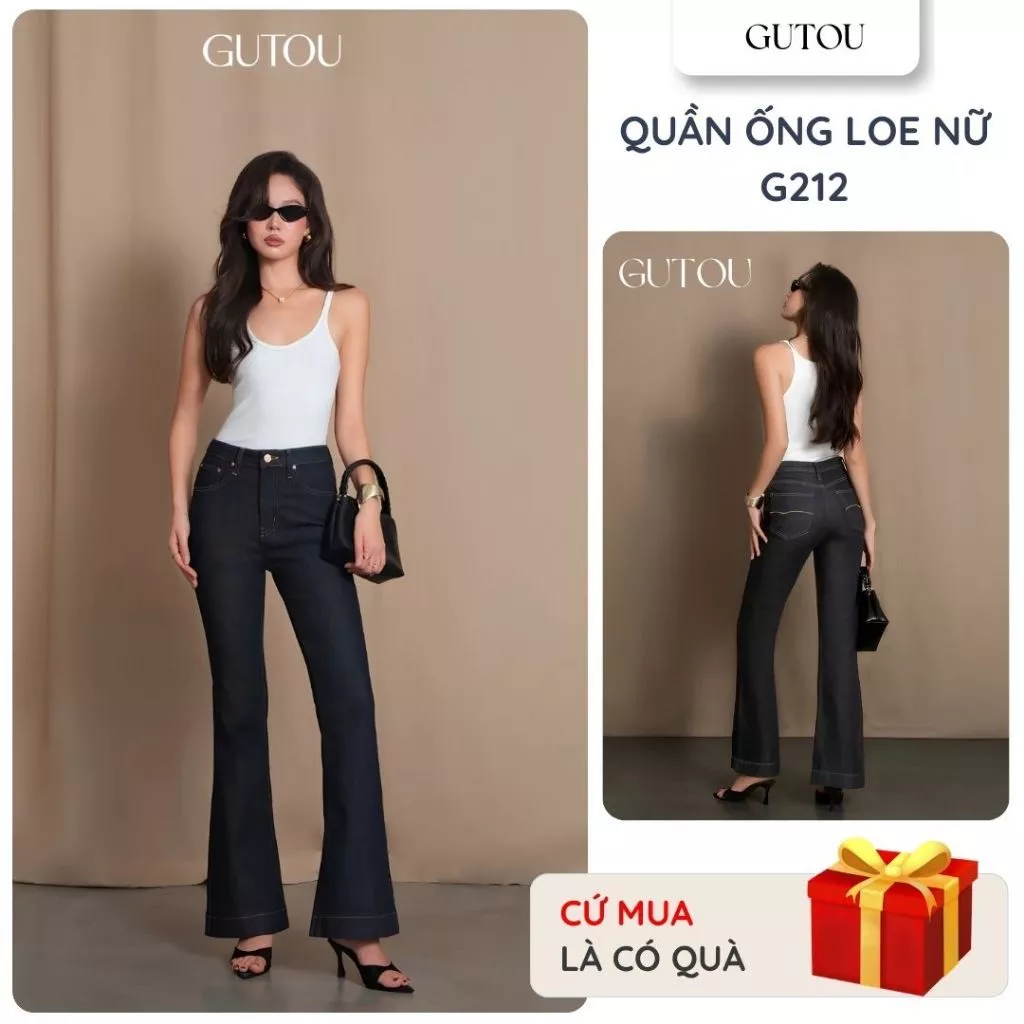 [ GUTOU ] Quần Jeans Bass Túi Thêu Selia Basic G212, Quần Jean Nữ Ống Loe Denim Mềm Mịn Tôn Dáng
