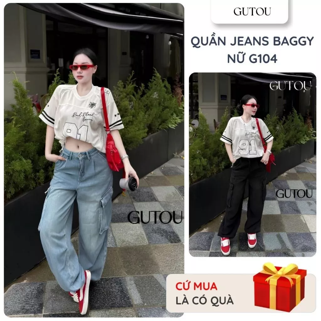 [GUTOU] Quần Jean Baggy Uni Jogger G104, Quần Jean Nữ Ống Rộng Lưng Cao, Denim Mềm Mịn, Cá Tính