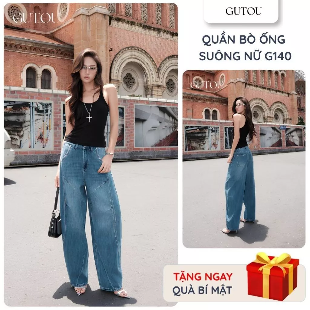 [ GUTOU ] Quần Jean Baggy Trơn Morden Style G140, Quần Jean Nữ Ống Rộng Cạp Cao Tôn Dáng