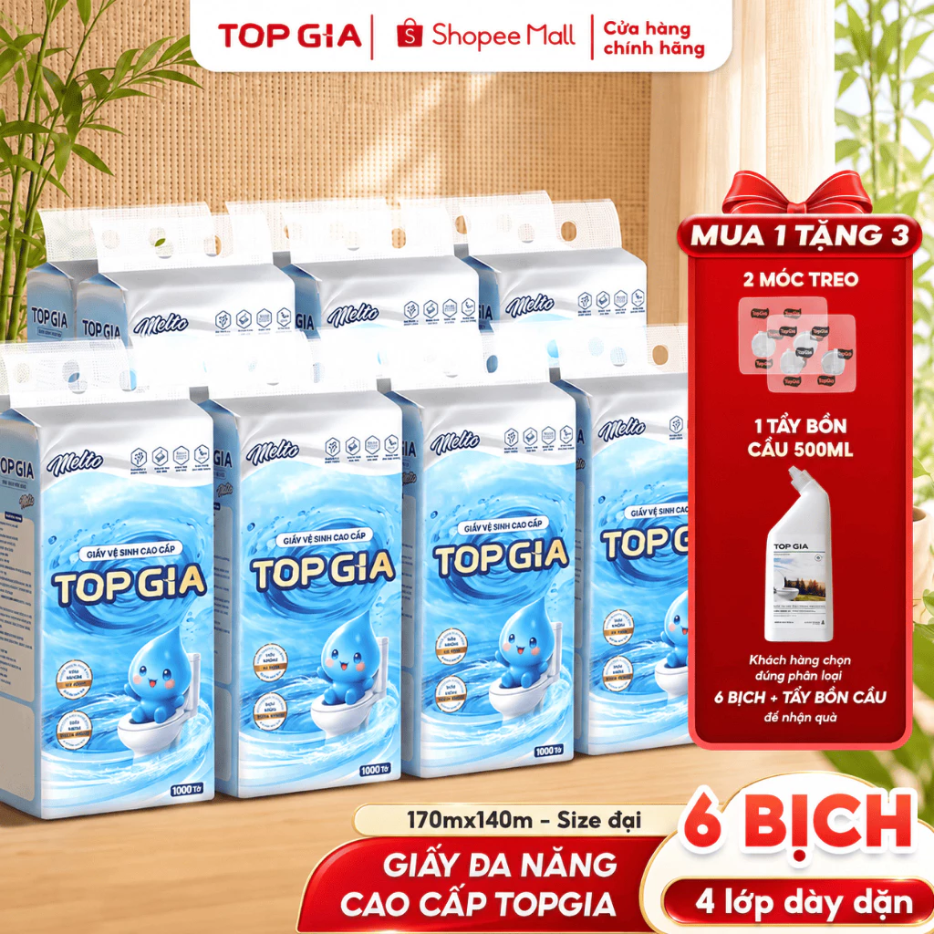 [XẢ KHO BỊCH SIZE ĐẠI] Giấy vệ sinh treo tường cao cấp TopGia Melto 1000 Tờ/4 lớp dập vân 4D, mềm mịn tiện lợi