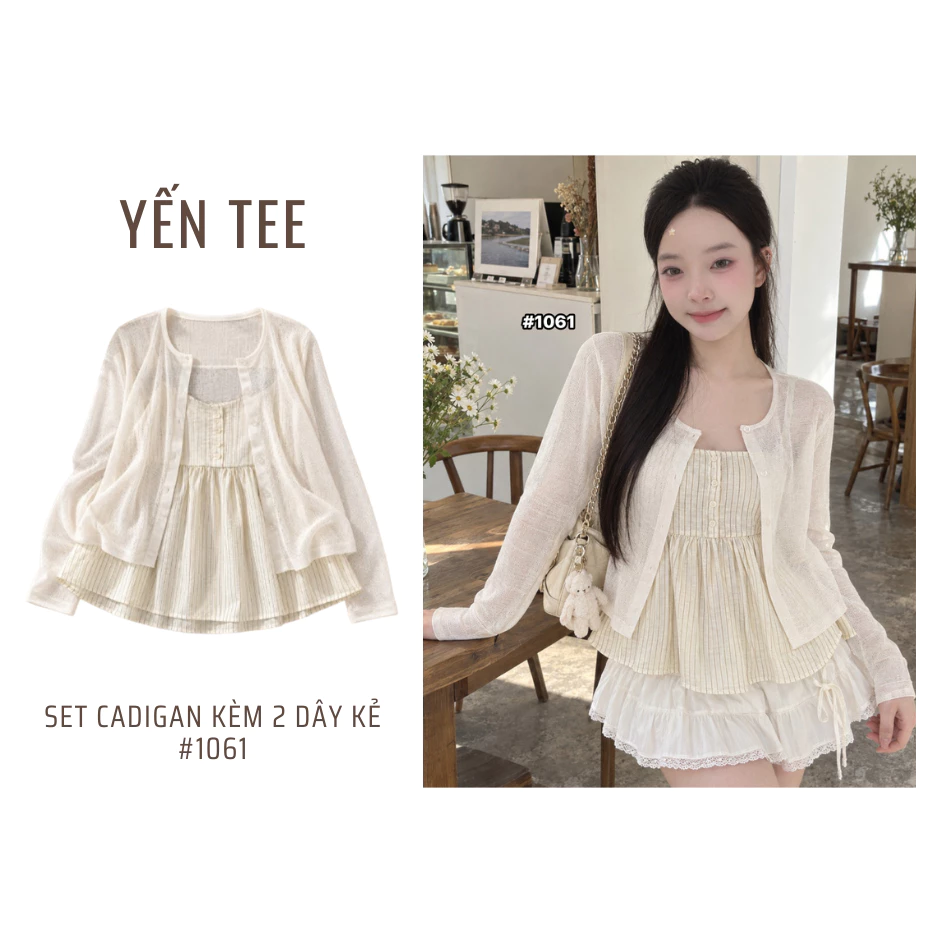 Set áo Cadigan giấy mỏng kèm áo hai dây kẻ dáng xoè, nhẹ nhàng, nữ tính, dễ phối đồ Yến Tee #1061