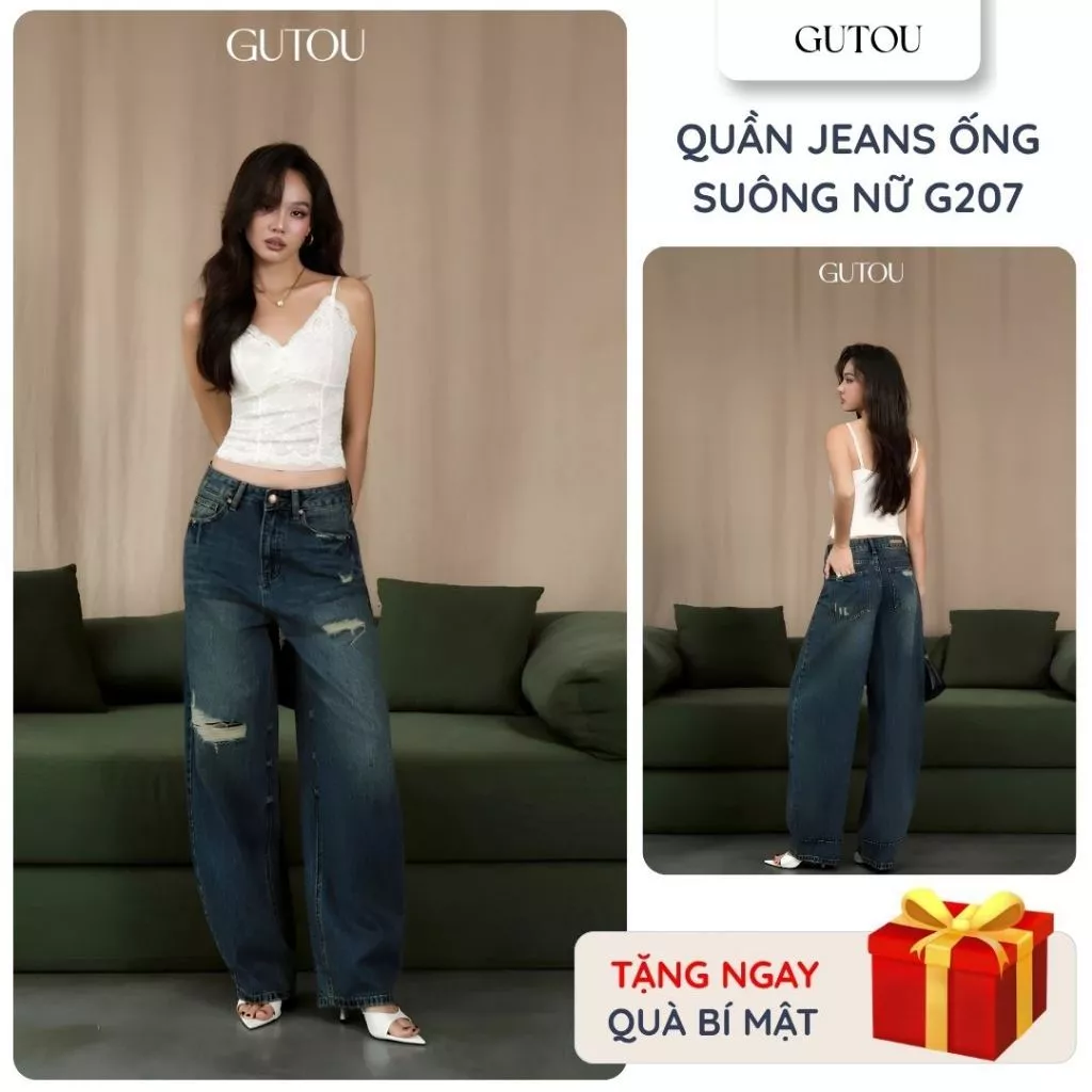 [ GUTOU ] Quần Jeans Baggy Vival Style G207 Ống Rộng, Quần Bò Nữ Ống Suông Hack Dáng, Dễ Phối Đồ
