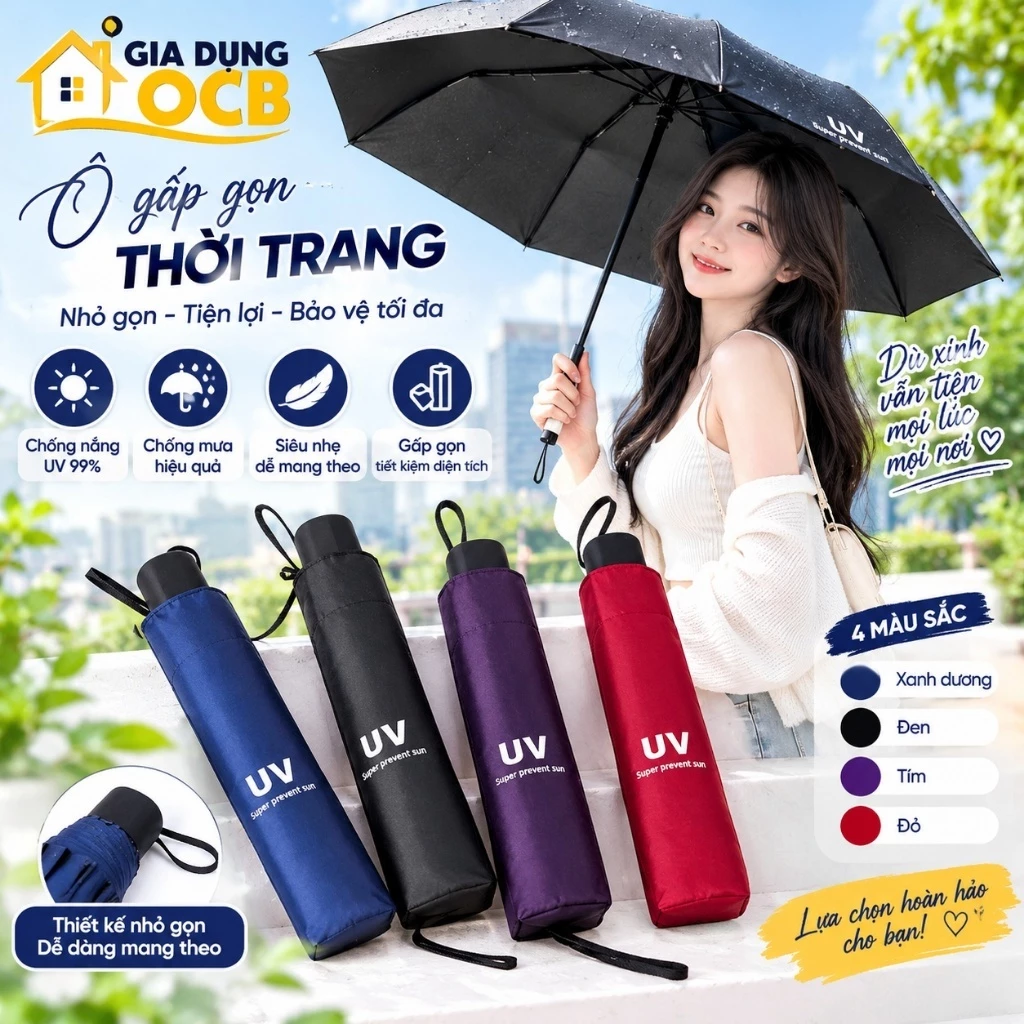 Ô Dù Chống Nắng Chống Tia UV Dễ Mang Theo 280g 96x64cm Đen Xanh Hồng Ghi Xanh Lá Xanh Than Đỏ