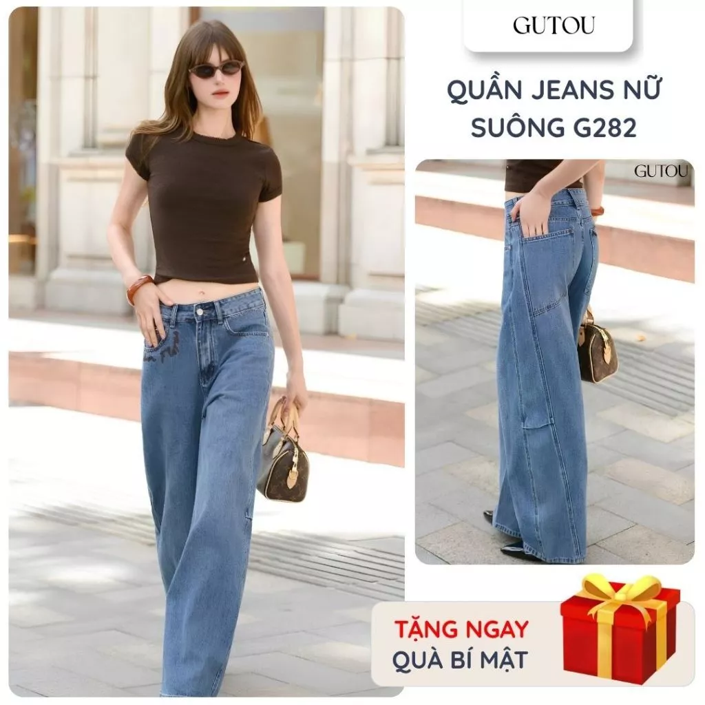 [ GUTOU ] Quần Jean Baggy Túi Kiểu Phối Chữ Nâu Street Basic G282, Quần Jean Ống Rộng Nữ Cá Tính
