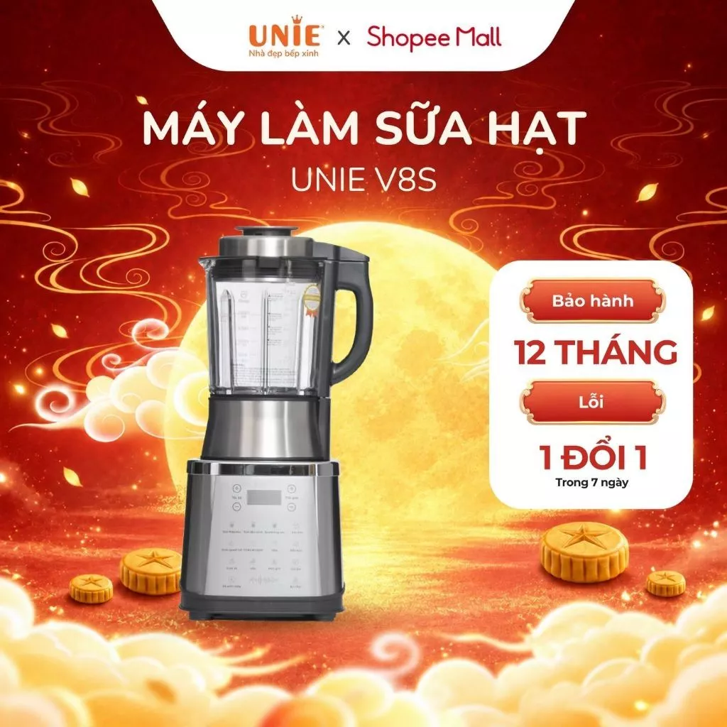 Máy xay nấu sữa hạt UNIE V8S công suất 1800W, dung tích 1.75L, cối thủy tinh dày dặn, xay nấu siêu mịn