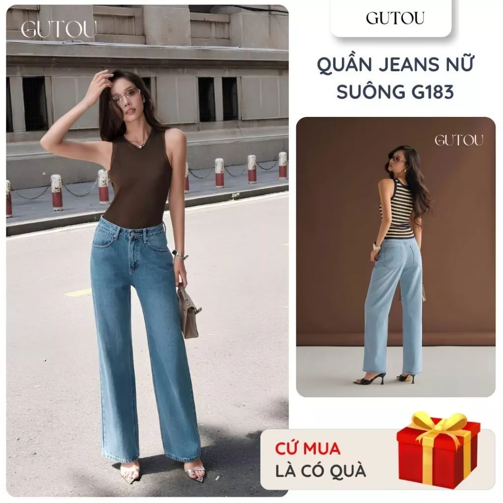 [ GUTOU ] Quần Jean Nữ Suông Cạp Cao G183, Quần Jean Ống Rộng Nữ Dáng Basic Dễ Phối Đồ Thời Trang