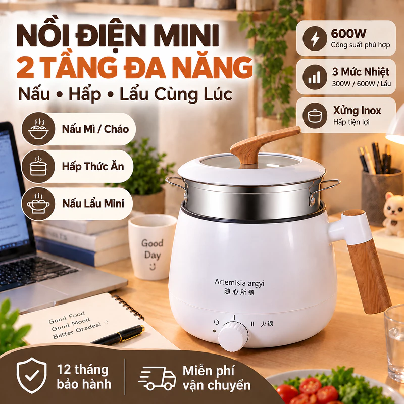 Nồi Lẩu Điện Mini 1.8L Đa Năng 2 Tầng, Nấu & Hấp Cùng Lúc, 3 Mức Nhiệt 300W 600W, Xửng Inox