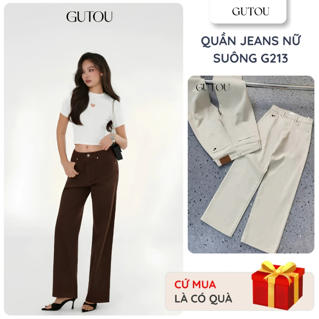 [ GUTOU ] Quần Jean Suông Heart Embroi G213, Quần Jean Nữ Ống Suông Tôn Dáng Chất Denim Mềm Mịn
