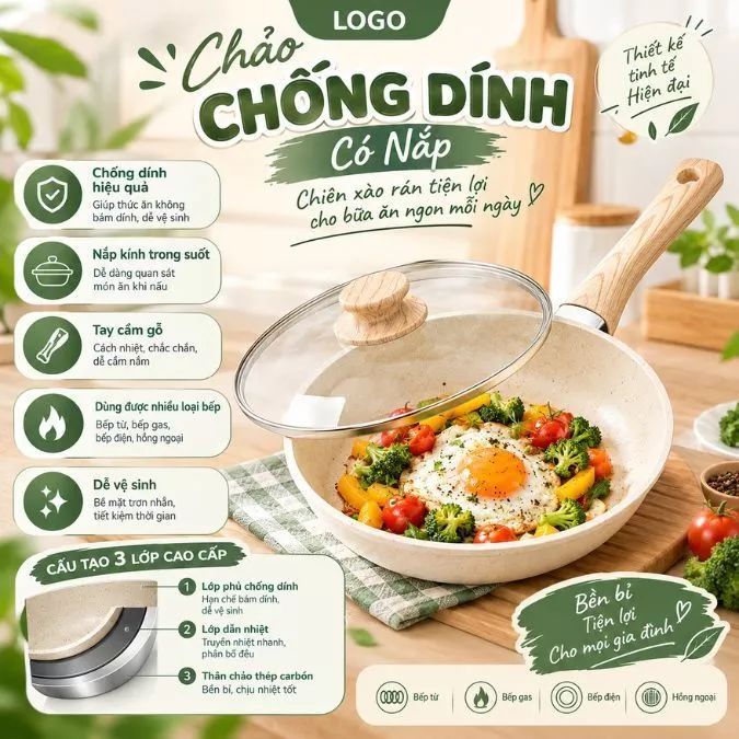 Chảo Xào Thép Carbon Chống Dính Size 22cm 26cm 28cm Có Nắp Dùng Hằng Ngày