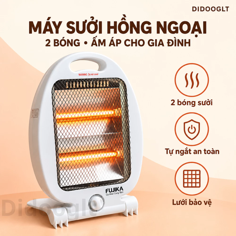 Máy Sưởi Hồng Ngoại 2 Bóng Tự Ngắt An Toàn – Đèn Sưởi Ấm Cho Bé & Gia Đình Có Lưới Cách Nhiệt Didooglt