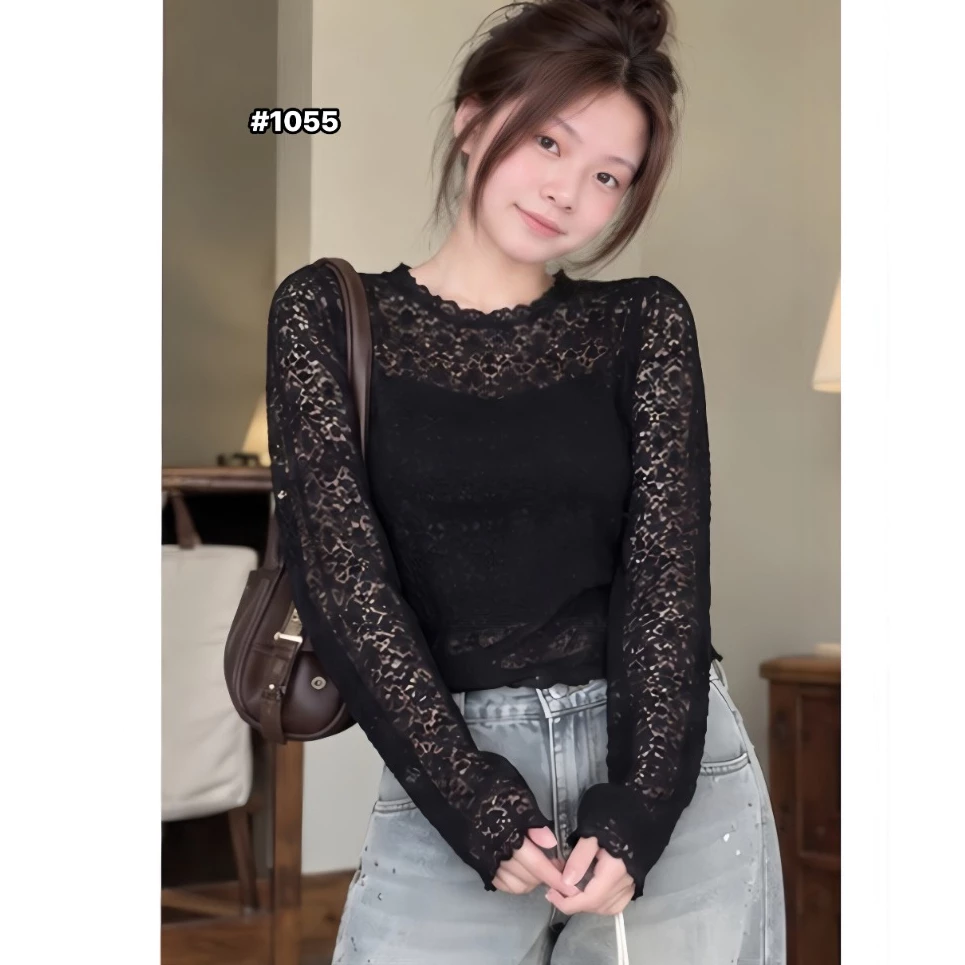 Áo ren thêu hoa nổi dài tay, Cổ tròn ôm Body, Áo kiểu viền ren nhẹ nhàng, dễ phối đồ Yến Tee #1055