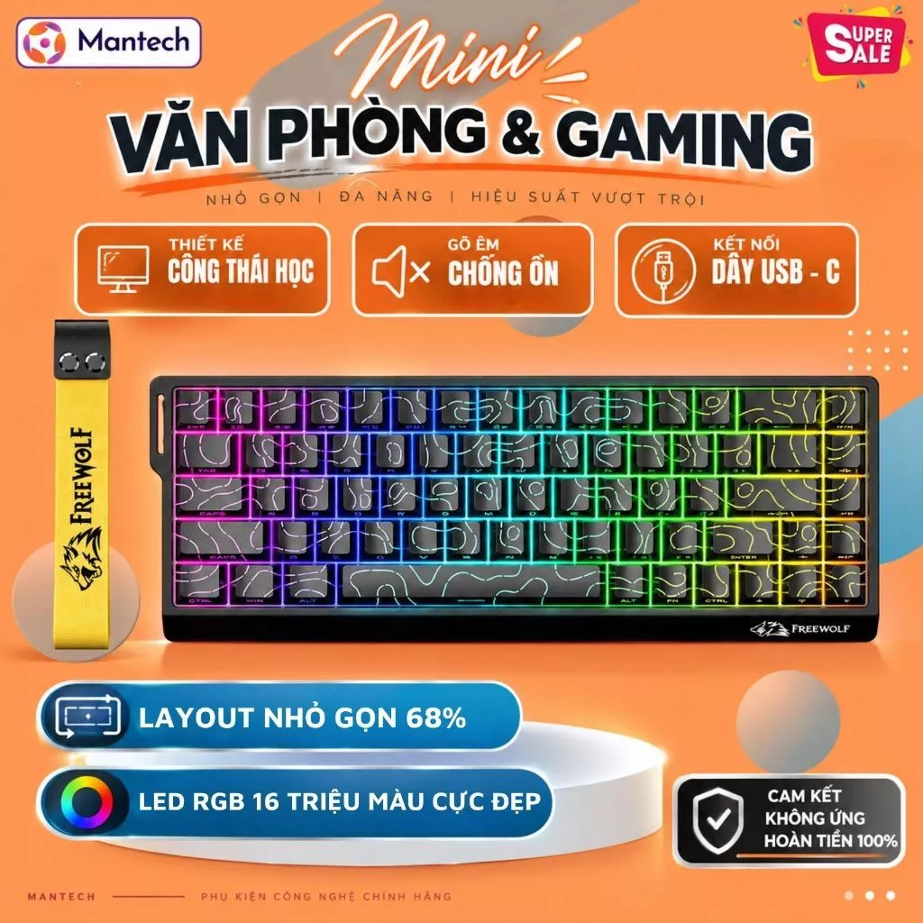 Bàn Phím Gaming Có Dây FreeWolf S68 68 Phím - RGB 16 Triệu Màu, Type-C Tháo Rời, Layout Gọn Nhẹ