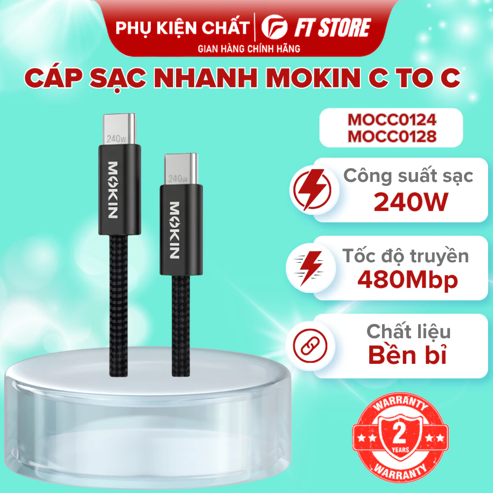 Cáp Sạc MOKiN MOCC0124/MOCC0128 USB-C To USB-C,Sạc Nhanh PD 240W, Dây Dù Bện Cao Cấp,  Dài 1M/2M