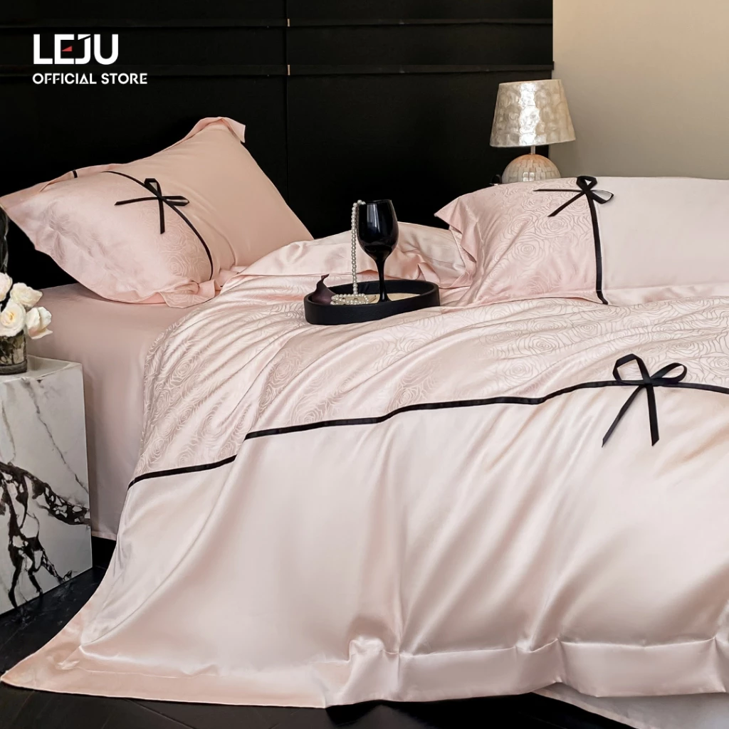 Bộ Chăn Ga Gối Tencel Jacquard HOME LEJU Set 4 Món Vỏ Chăn Drap Chun  Combo Ga Giường Và Vỏ Gối 1M6 1M8