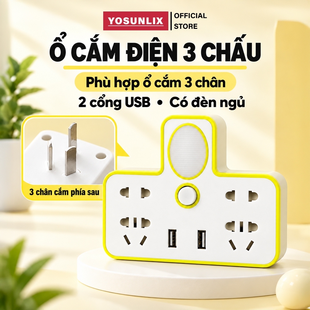Ổ Cắm Điện 3 CHẤU Thông Minh Yosunlix Có Đèn Ngủ Ổ Điện 2 Chấu Cổng Sạc USB…