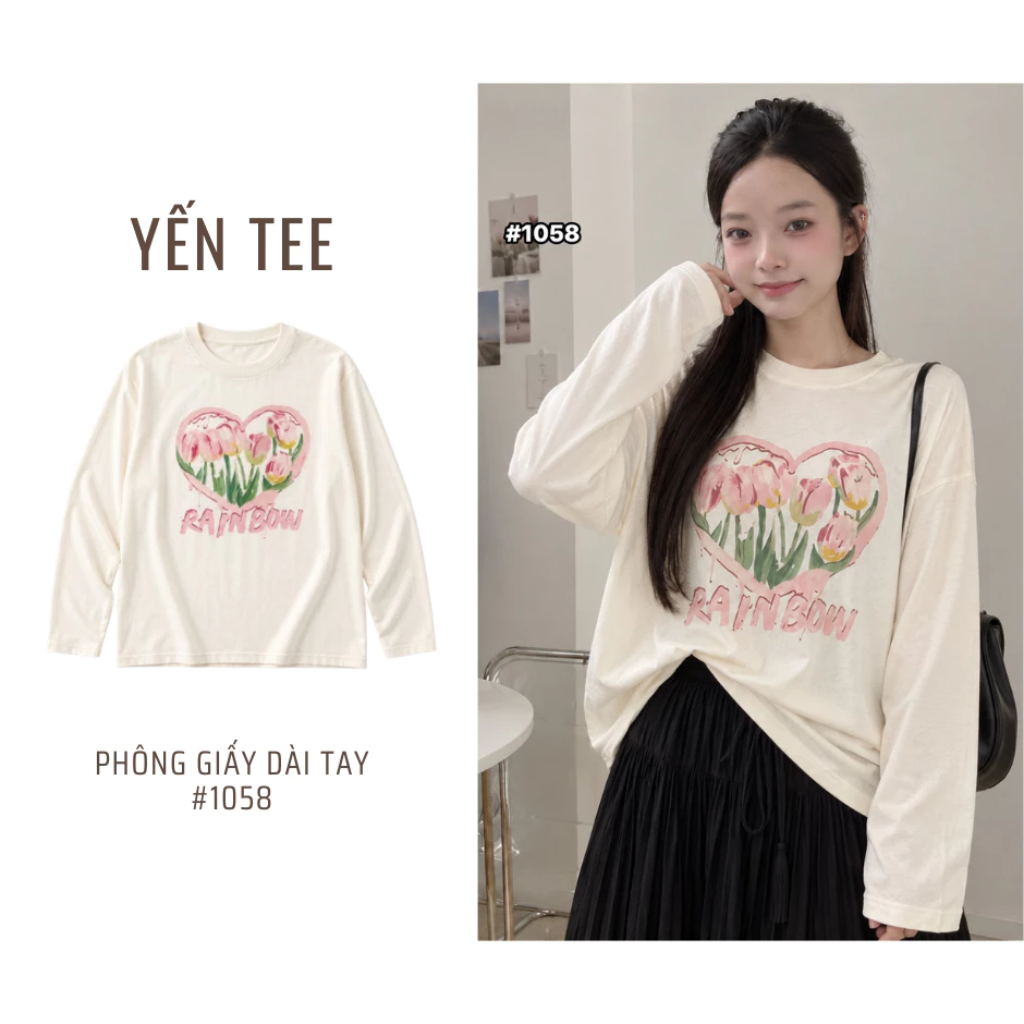 Áo thun giấy dài tay, áo phông mỏng, cotton co giãn, hoạ tiết hoa Tulip Form 40-58kg, dễ phối đồ Yến Tee #1058