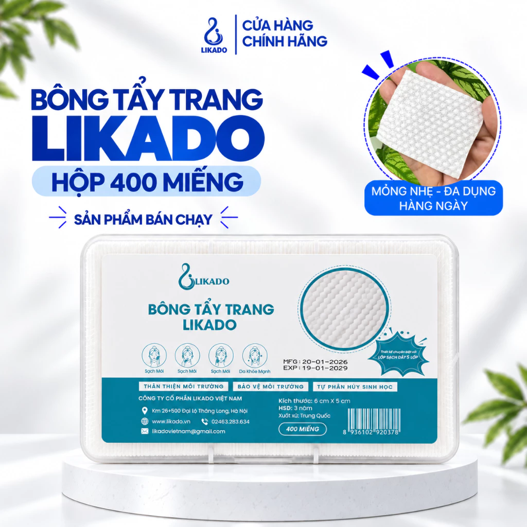 Bông tẩy trang Likado hộp 400/600 miếng kích thước (6cmx5cm)