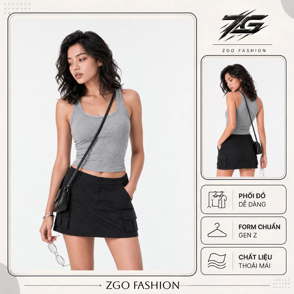 Áo ba lỗ nữ ZGO Áo 2 dây bản to cổ vuông màu trơn chất thun lạnh cotton co giãn 4 chiều AZG09