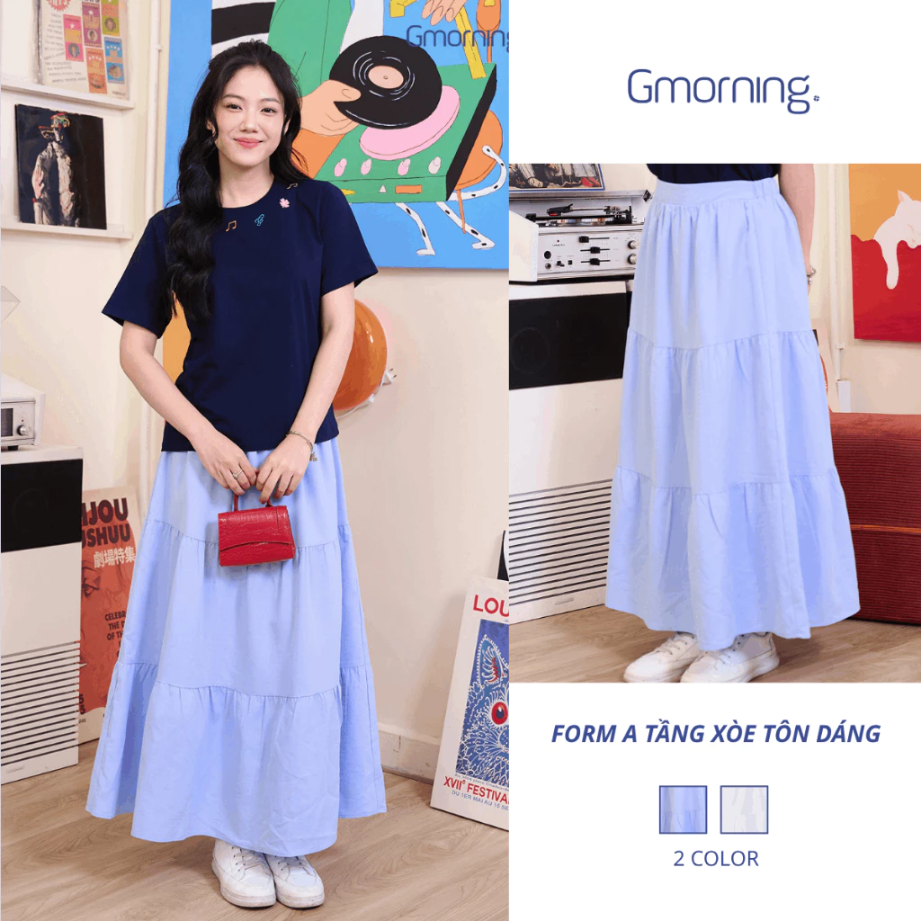 Chân váy nữ tầng form A xoè lưng thun có túi xéo thời trang GMORNING YVF11042