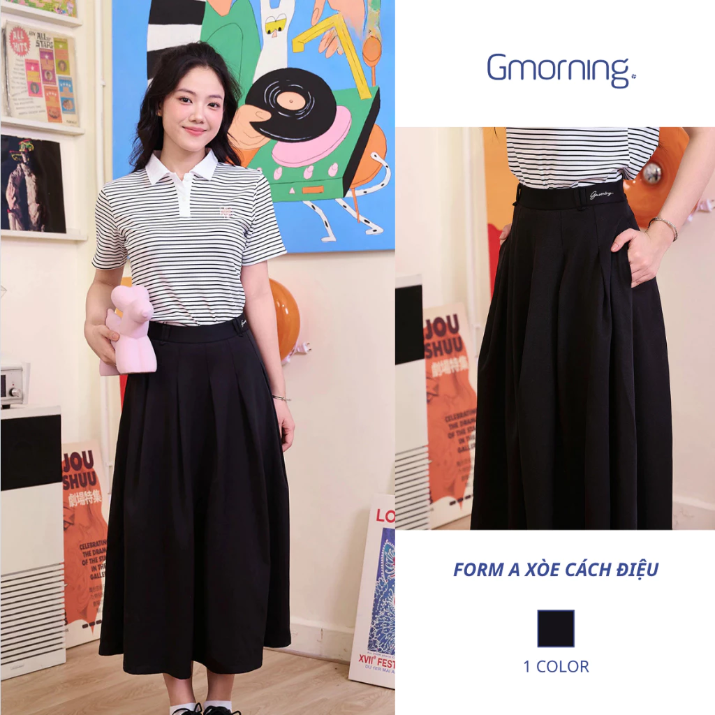 Chân váy xếp ly form A xoè cách điệu thêu chữ Gmorning thời trang - YVF11041