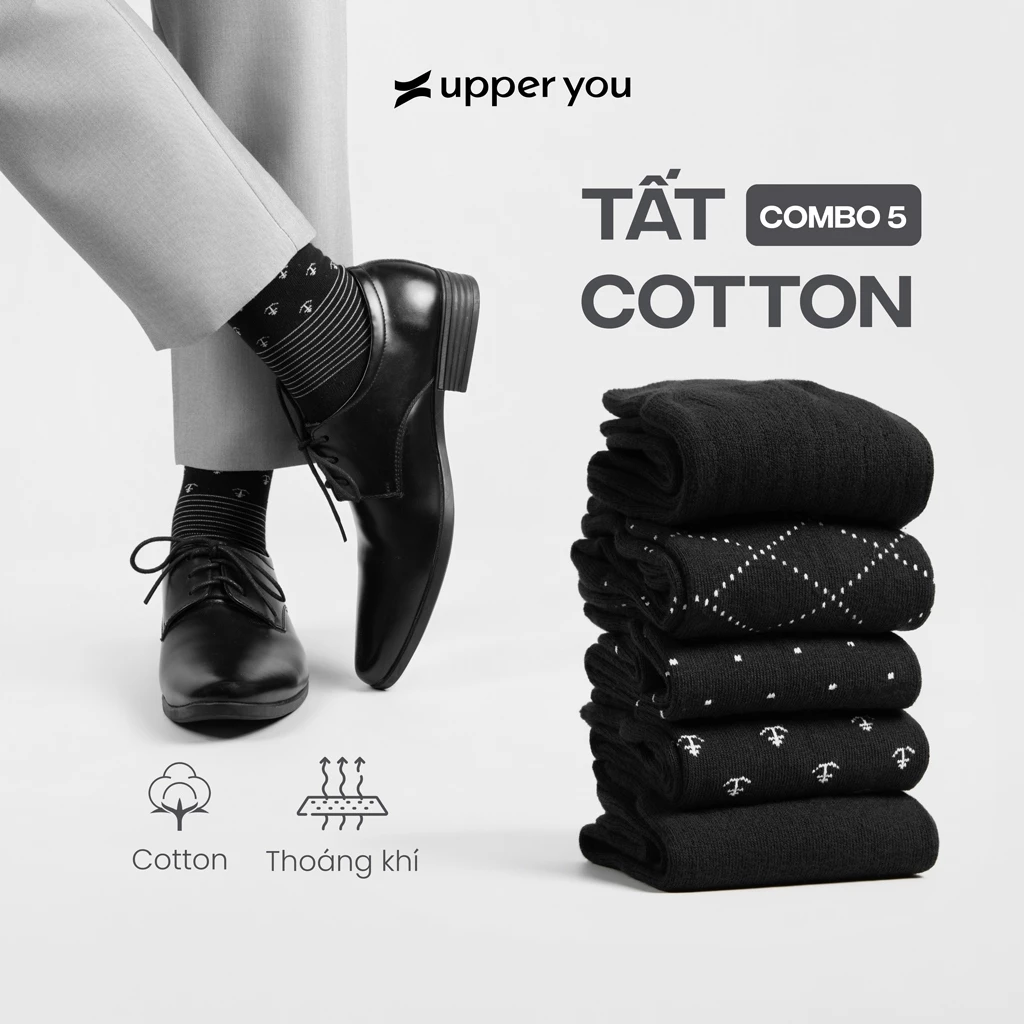 [TẶNG QUÀ ĐƠN 299K] Combo 5 Tất Vớ Nam Giày Tây Công Sở Cổ Cao Cotton UPPER YOU Dày Dặn Êm Ái Thoáng Khí Khử Mùi-BSM4000