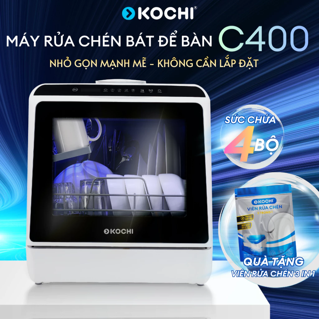 Máy rửa chén bát để bàn KOCHI C400 - sức chứa 4 bộ - Không lắp đặt - Rửa nước nóng áp suất cao -Sấy PTC - Lưu trữ 72 giờ