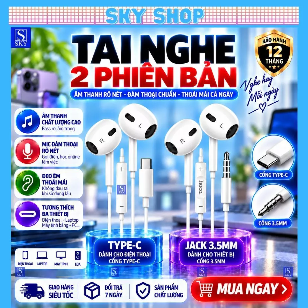 Tai nghe có dây Hoco M101 Max jack 3.5 - Tai nghe chân TYPE-C dùng cho tất cả dòng máy có mic âm thanh bass siêu chất