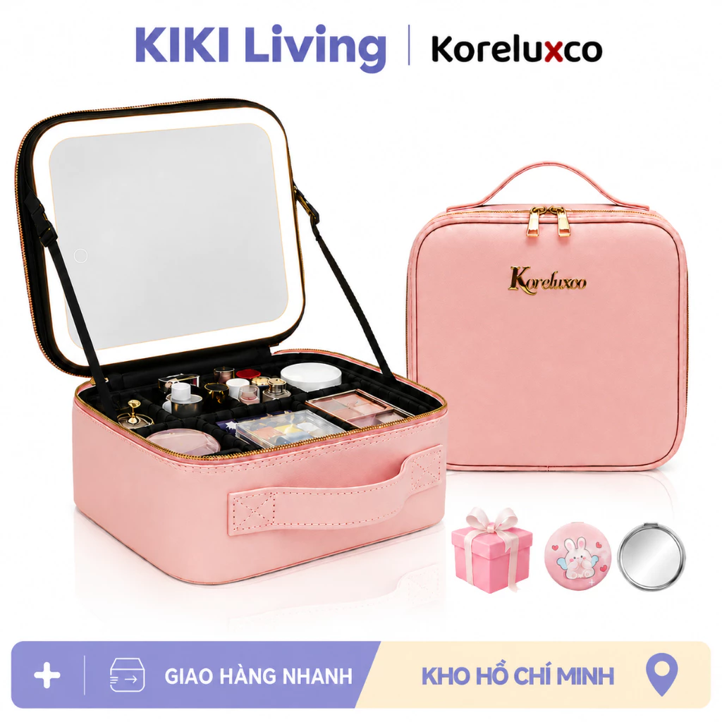 Cốp Makeup Có Gương LED - Vách Ngăn Tháo Rời - Đeo Chéo - Móc Treo Vali Kéo - Chống Nước [TẶNG QUÀ]