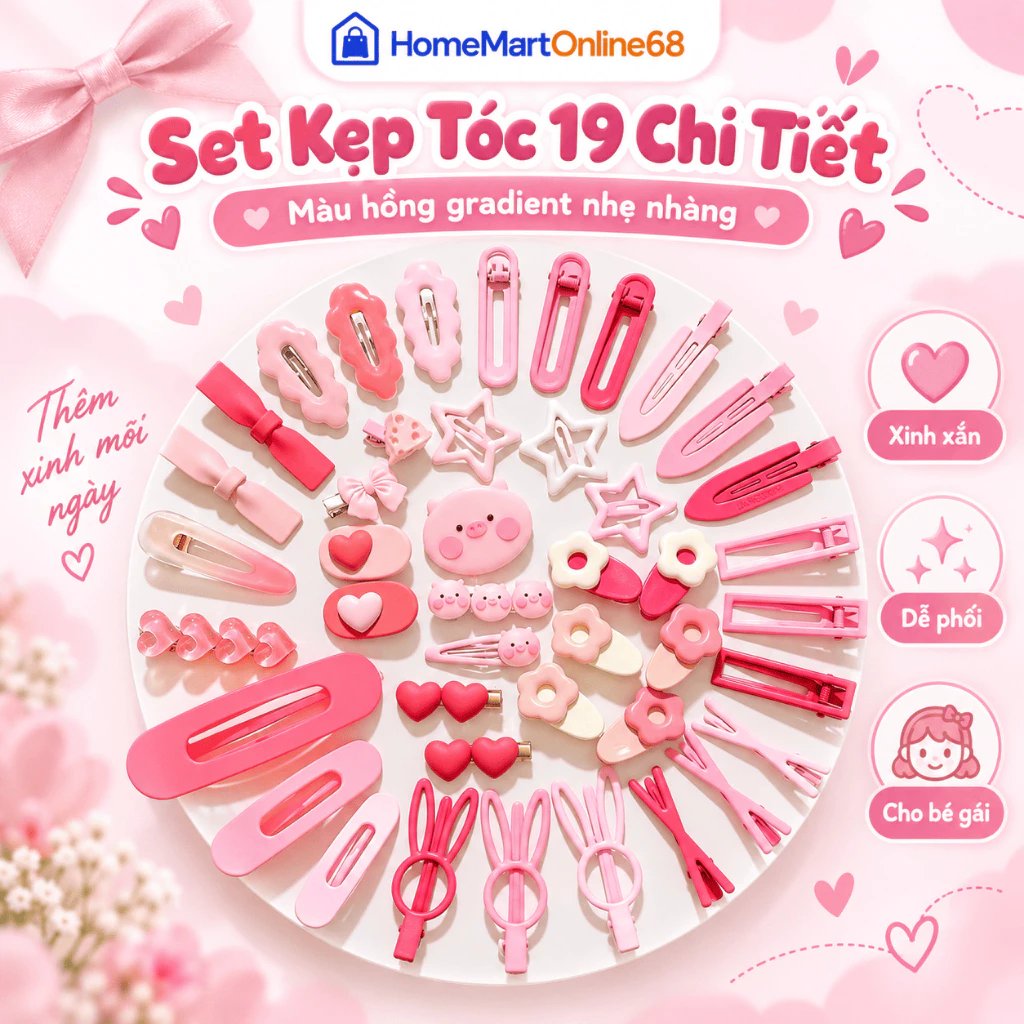 Set 19 Kẹp Tóc Màu Hồng Gradient Nữ Xinh Xắn, Bộ Kẹp Tóc Thời Trang Nhiều Kiểu Dễ Thương Phụ Kiện Tóc | HomeMartOnline68
