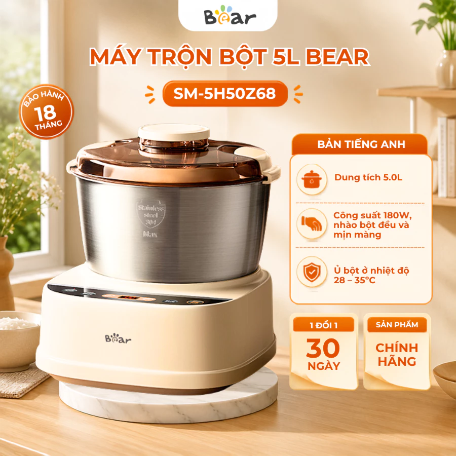 Máy Trộn Bột Bear 5L SM-5H50Z68,Nhào Bột Ủ Bột Tự Độg Đa Năg Làm Bánh,Inox304, Độg Cơ Mạnh Mẽ,BH 18T