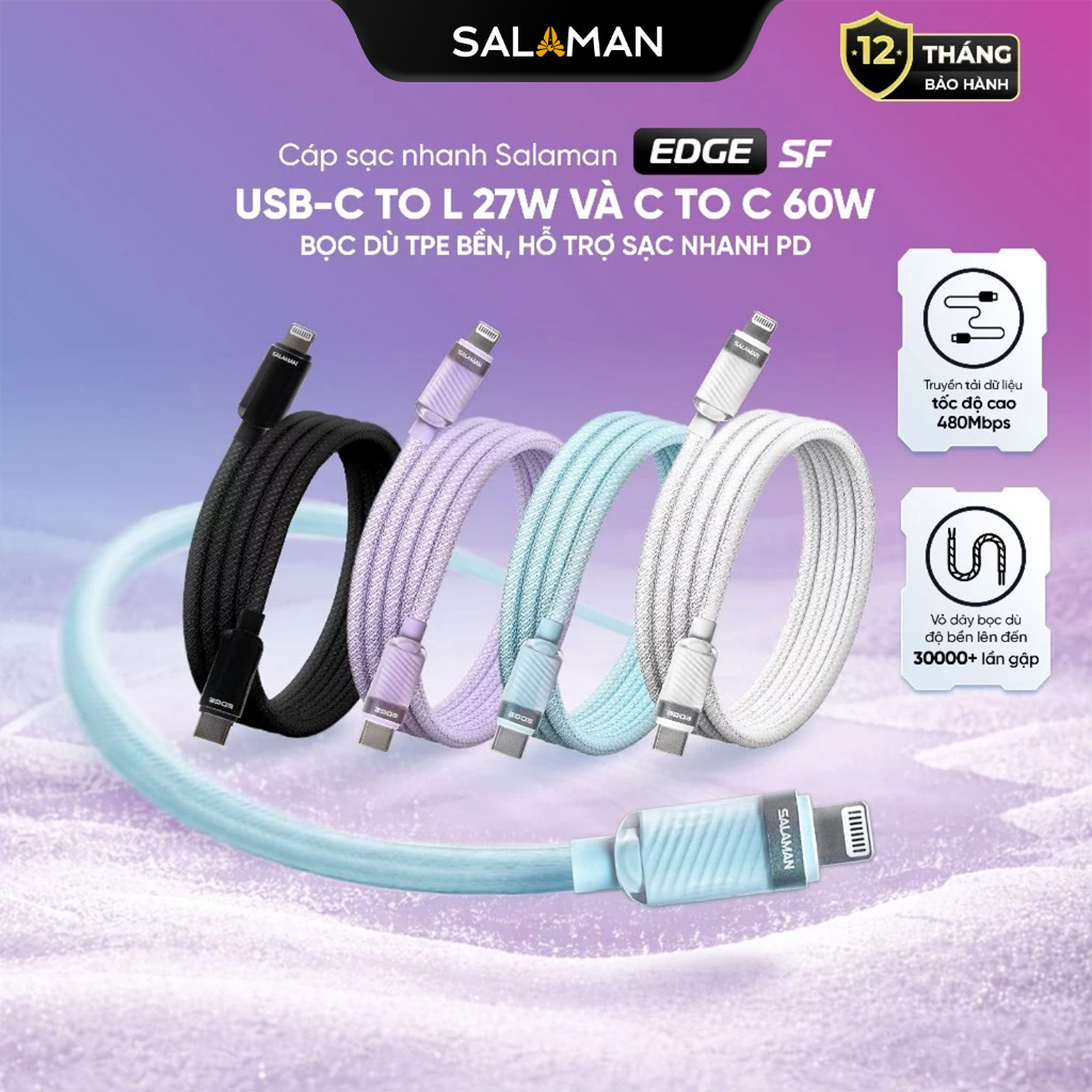 Cáp Sạc Nhanh Salaman Edge SF USB-C to L và USB-C to C 27W/60W – Bọc Dù TPE…