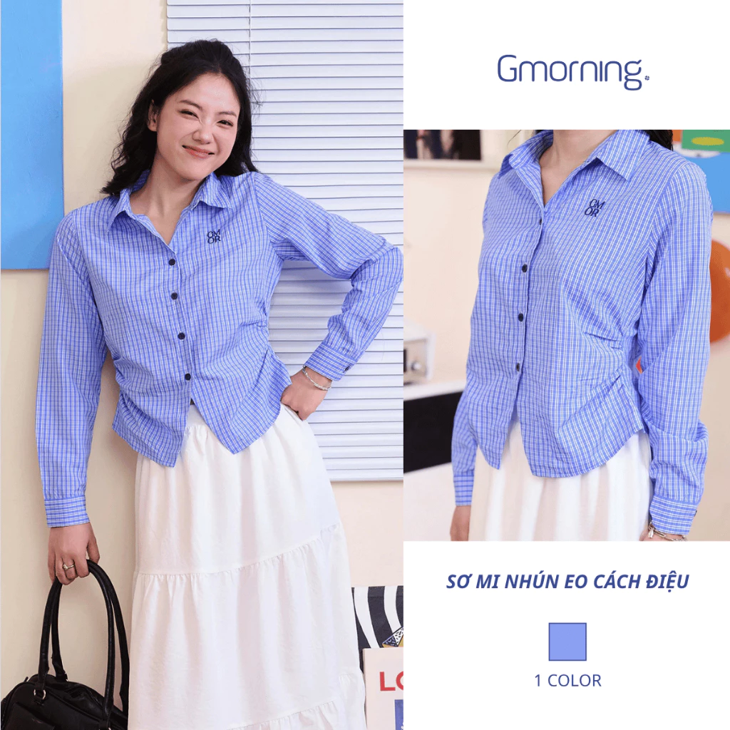 Áo sơ mi nữ form ôm vừa tay dài nhún eo cách điệu thời trang GMORNING YAF11036