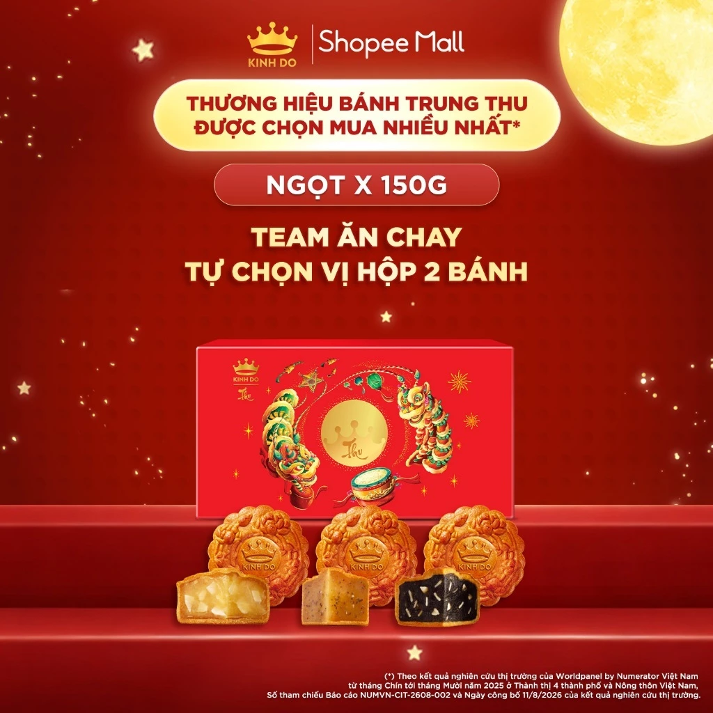 [TỰ MIX] Hộp 2 bánh trung thu Kinh Đô "Team Ăn Chay" (2 bánh x 150g) đậu xanh hạnh nhân, mè đen,