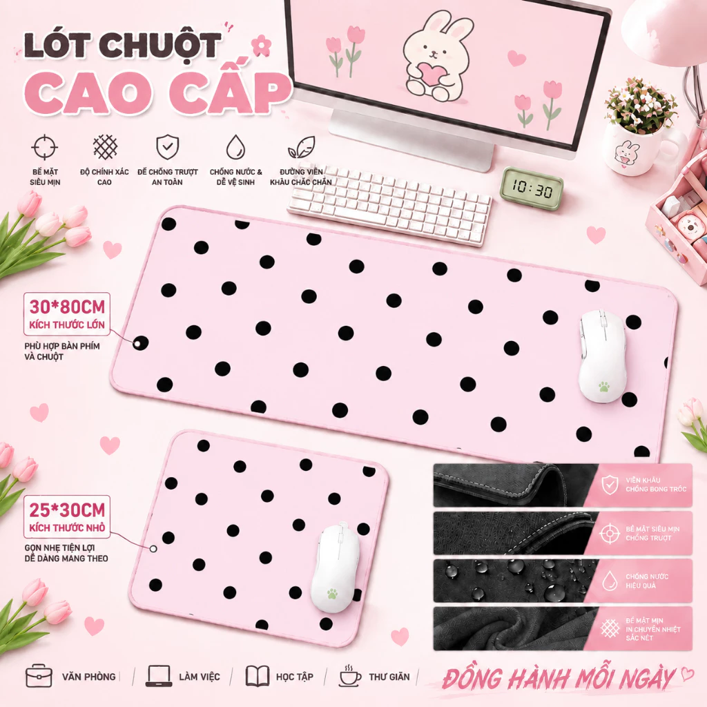 Lót chuột bàn làm việc màu Mê-la-đấ chấm bi, lót bàn PC kích thước 80x30 / 30x25 bền đẹp