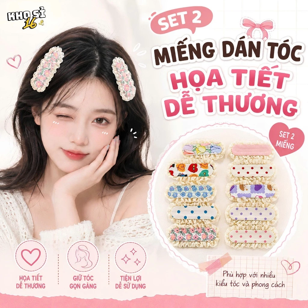 Set 2 Miếng Dán Tóc Mái Xinh Xắn, Băng Đô Dán Tóc Dễ Thương, Chất Vải Ren, Giữ Tóc Gọn Gàng_khosi16